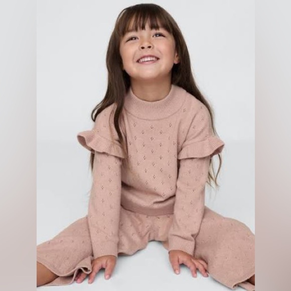 Mauve Pointelle Ruffle Sweater Top and Wide Leg Pants Matching Set